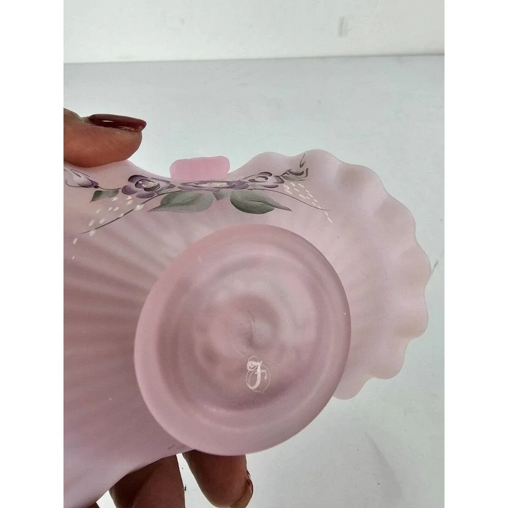 2001 Fenton Hand Painted Pink Chiffon Opalescent Satin Mini Basket S. Miller